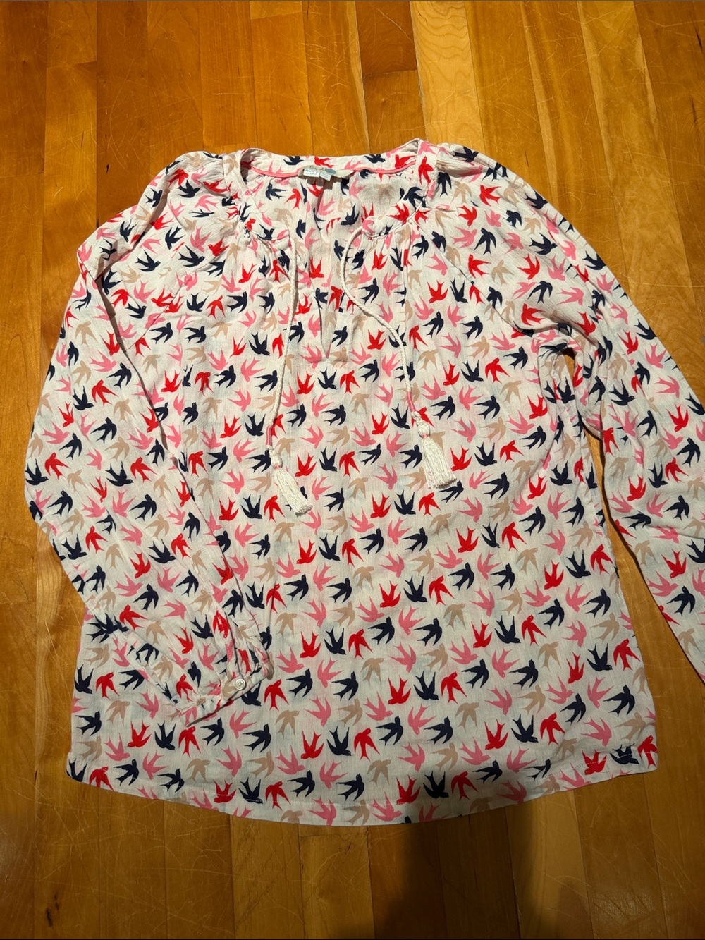 Boden Bird Print Front Tie Cream Multicolor Swallow Long Sleeve Top Size 6